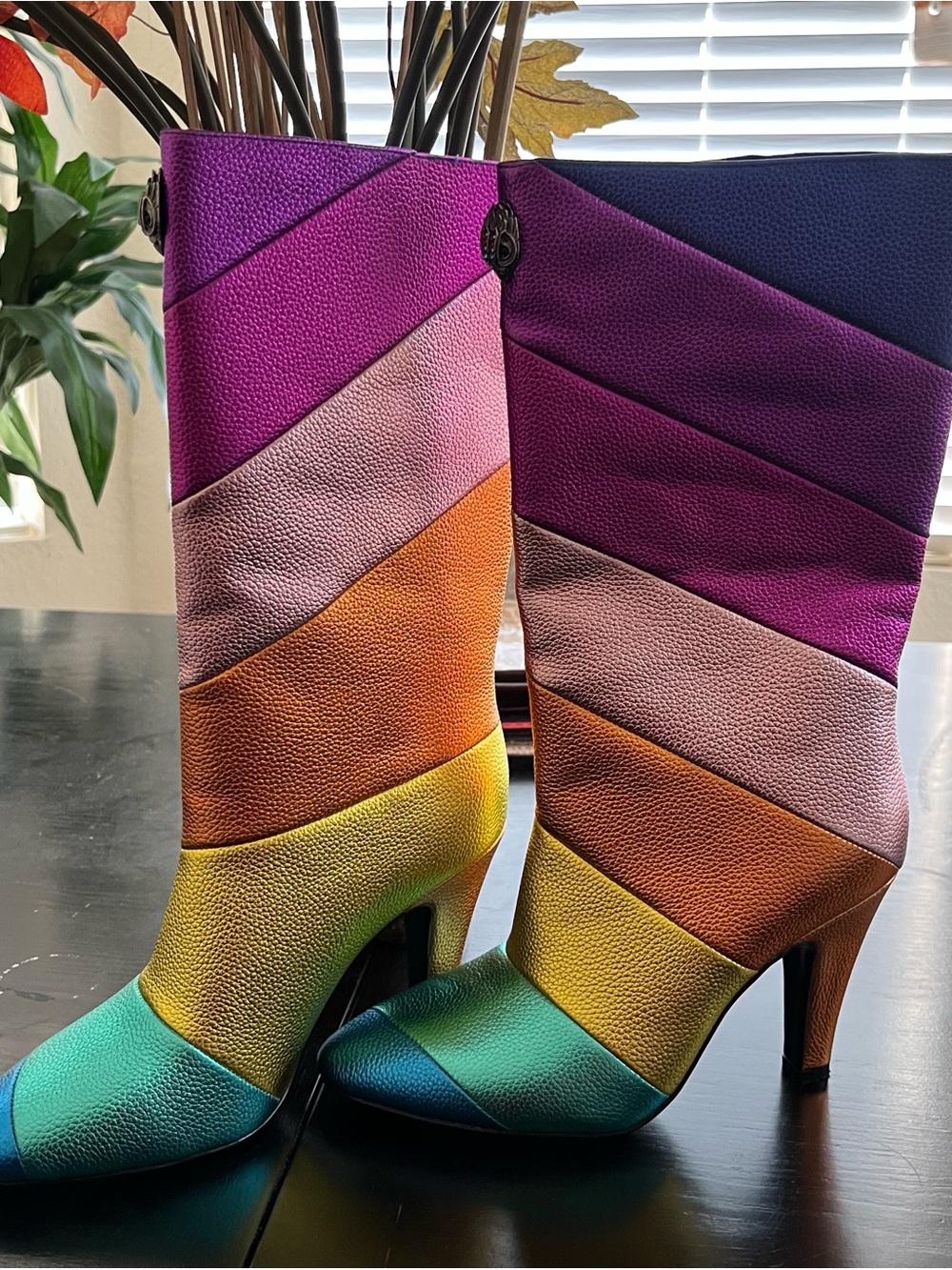 NWOTKurt Geiger Multicolor Striped Leather Mid-Calf Heeled Boot - Picture 3 of 6